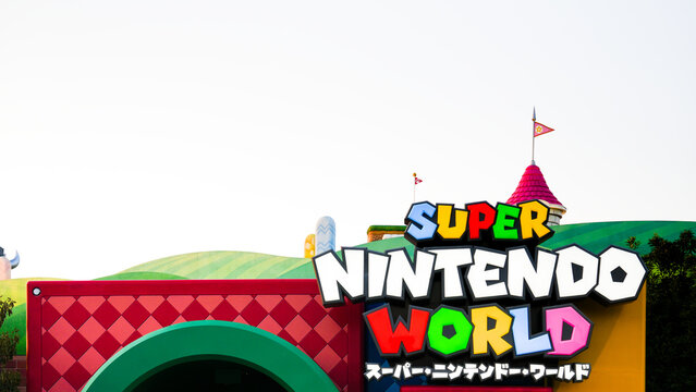 Japan - April 03, 2023: Super Nintendo World of Mario Bros theme park design landmark from popular game in Universal Studio Japan, Osaka