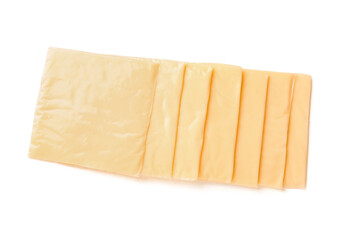 Slices of tasty processed cheese on white background