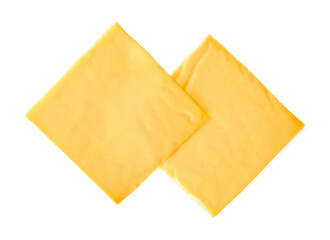 Slices of tasty processed cheese on white background