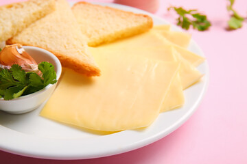 Plate of tasty processed cheese with herbs and garlic on pink background