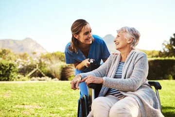 Senior woman, nurse and wheelchair for healthcare support, life insurance or garden at nursing...