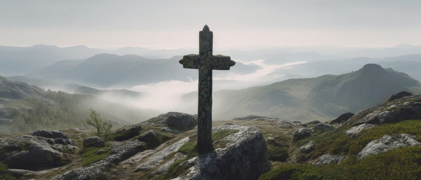 Age old eroded stone crosses and tombstones high above on misty mountain overlooking Scottish highlands, small memorial cemetery of fallen heroes - generative AI 