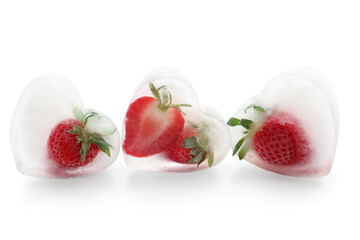 Fresh strawberry frozen in ice on white background