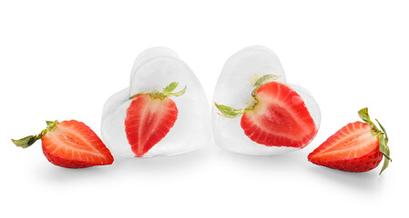 Fresh strawberry frozen in ice on white background