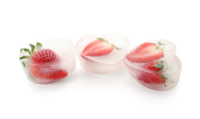 Fresh strawberry frozen in ice on white background