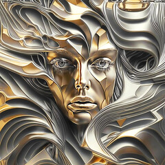 female face frozen in liquid metal. created using generative artificial intelligence technology