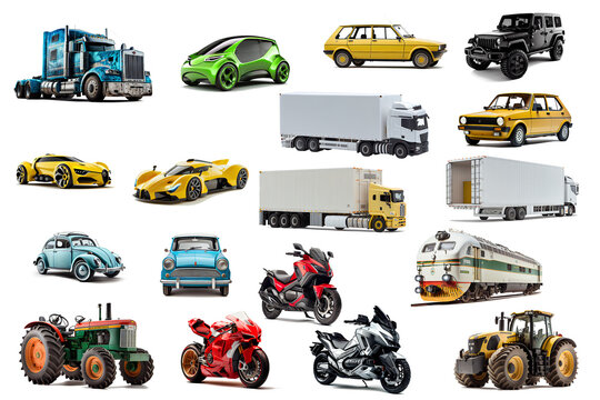 Image for decoration of transportation system.set of cars, various transportation system, motorcycle, truck, tractor, sports car, vintage car on a transparent background (PNG). AI generator