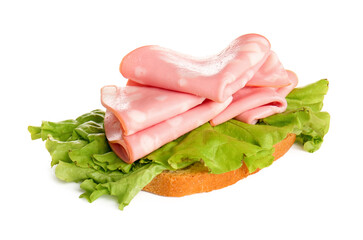 Sandwich with slices of tasty boiled sausage and lettuce on white background