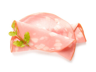 Slices of tasty boiled sausage on white background