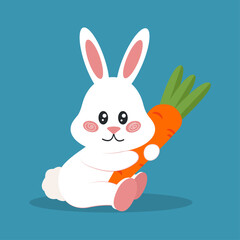 Cute rabbit holding fresh carrot, cartoon flat vector illustration.  Fluffy bunny hugging carrot. Easter holiday celebration and spring concepts.
