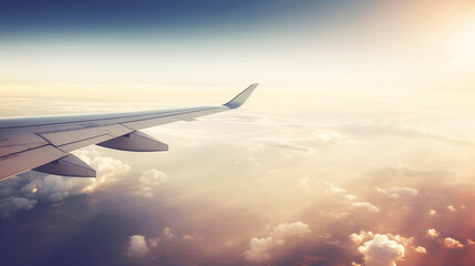 Obraz premium Plane is taking off at sunset. Generative ai.