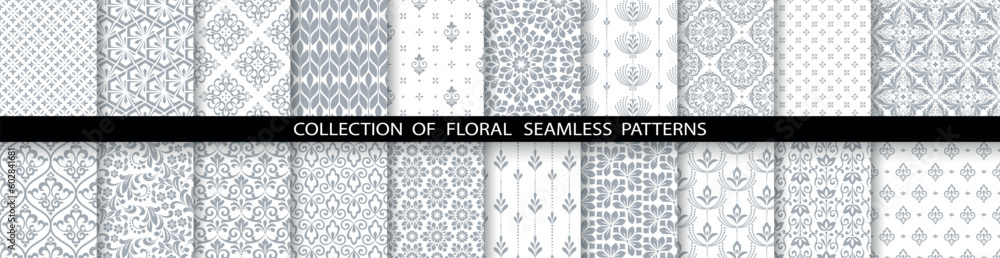 Aufkleber geometric floral set of seamless patterns. white and gray vector backgrounds. damask graphic ornamen