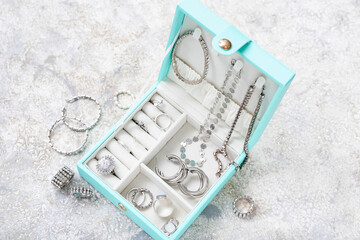 Organizer with stylish jewelry on white grunge background