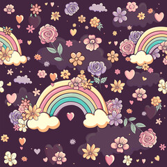 Retro seamless pattern with rainbows, clouds, flowers, hearts. Decorative cartoon abstract backdrop. Vector repeated background with beautiful pastel elements. Rainbow floral design