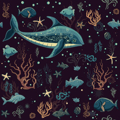 Underwater seamless pattern. Sea life - fishes, cute whale, seaweeds, stars, undersea corals design. Cartoon vector ocean repeated background 
