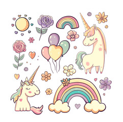 Cute unicorn set. Rainbow, beautiful magic animals, flowers, sun, air balloons. Vintage pastel fantasy collection for unicorns design - 602841661