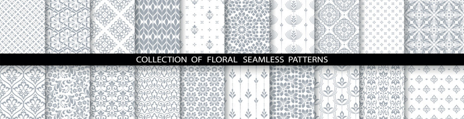 Fototapeta Geometric floral set of seamless patterns. White and gray vector backgrounds. Damask graphic ornaments obraz