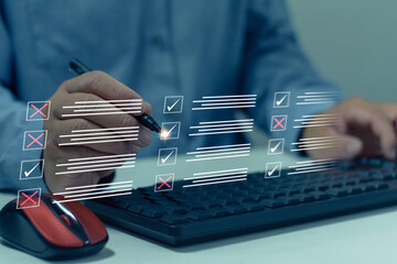 Businessman tick correct mark for document approval, questionnaire, service , assessment...