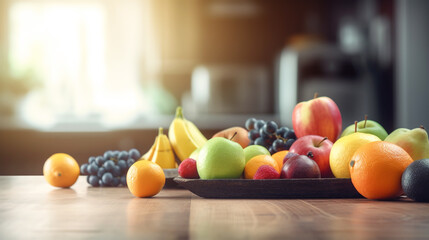 Fresh fruit in the kitchen on a wooden table. Generative ai.
