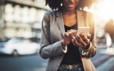 Business woman, hands and phone in city for communication, social media or texting outdoors. Hand...