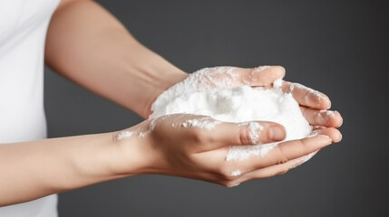 Woman washing hands with soap on color background. Generative ai.
