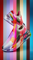 Collage of colorful sneakers premium 3d Render Object. Stylish concept of stylish and trendy sneakers