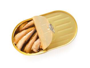 Canned smoked sprats on white background