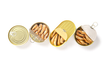 Canned smoked sprats on white background