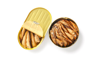 Canned smoked sprats on white background