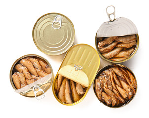Canned smoked sprats on white background