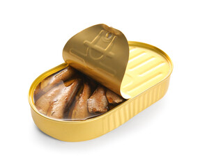 Canned smoked sprats on white background