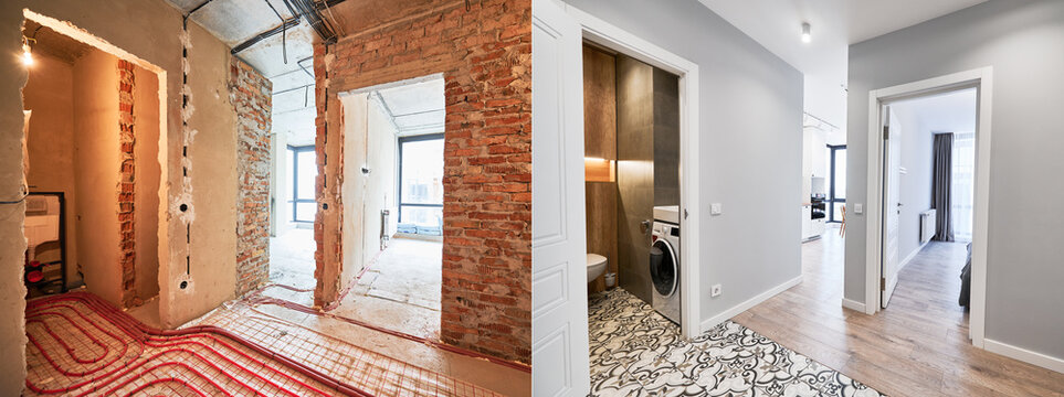 Comparison of old apartment before restoration and new renovated flat with modern interior design. Apartment with underfloor heating pipes and washing machine in bathroom before and after renovation.