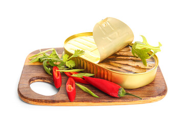 Board with canned smoked sprats and chilli on white background
