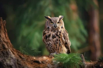 Foto op Aluminium Close-up of an owl sitting in a forest, Generative AI © Aleksandr Bryliaev