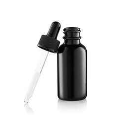 Black Medical container for nasal eye, Medical drops, bottle with dropper isolated on white background                      