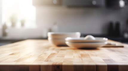 Fototapeta na wymiar empty table board and defocused modern kitchen background. generative ai