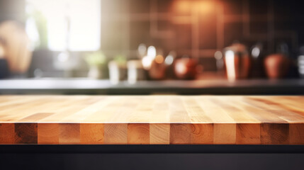 empty table board and defocused modern kitchen background. generative ai