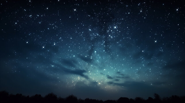 Blue dark night sky with many stars above field of trees. Generative Ai.
