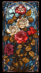 Stained glass window. Mosaic red roses vertical background - obrazy, fototapety, plakaty