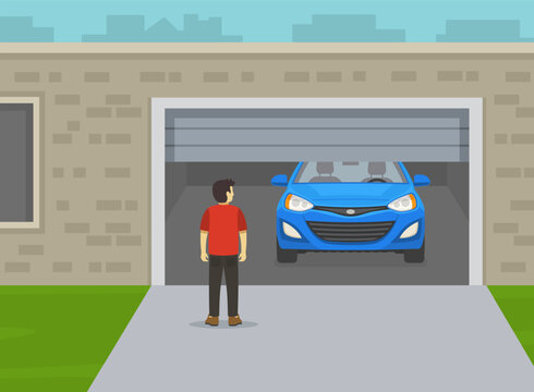 Man standing in front of the garage while door is opening. Back view of a male driver in the driveway. Flat vector illustration template.