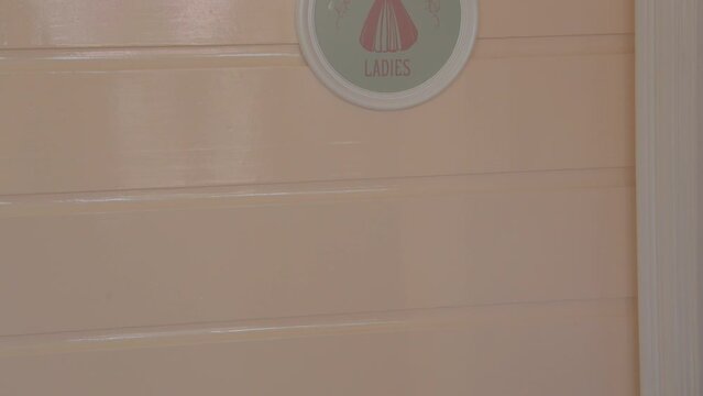 This video shows a ladies restroom sign with a princess theme.