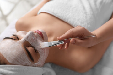 Obraz na płótnie Canvas Cosmetologist applying mask on woman's face in spa salon, closeup