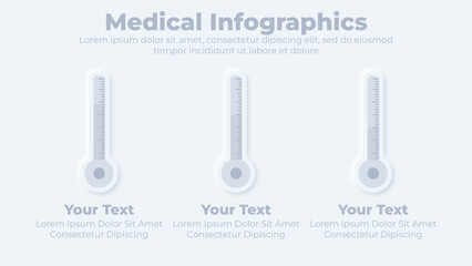 Neumorphic medical health care and thermometer infographic presentation template - obrazy, fototapety, plakaty