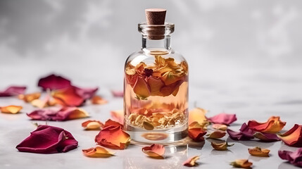 Obraz na płótnie Canvas Luxury perfume glass bottle with rose flower petals on marble, cinematic smoke realistic minimalist white light background generative ai