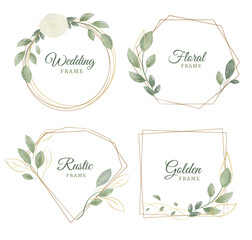 Set of watercolor wreaths decorated with greenery and flowers. Elegant Delicate shapes collections for Wedding invitation. Vector illustration on white background