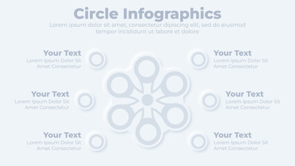Neumorphic circle infographic creative concept with 6 steps presentation template