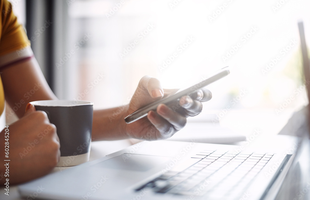 Poster hands, closeup and scrolling on smartphone with keyboard, coffee and work in home office or shopping