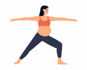 Fototapeta na wymiar Pregnant woman practice yoga exercise, stand in warrior Pose Concept yoga, meditation, relax, health, pregnancy, motherhood. Flat vector illustration.