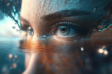 Close up woman eyes at the water surface. superlative generative AI image. - obrazy, fototapety, plakaty