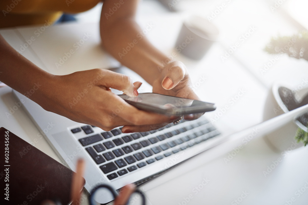 Poster Woman, hands and office phone at a laptop for work networking and employee typing. Female worker, table and social network app with mobile communication and text for professional and web connection